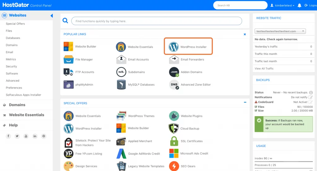 hostgator dashboard