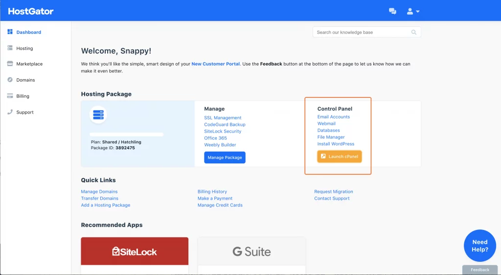 hostgator dashboard