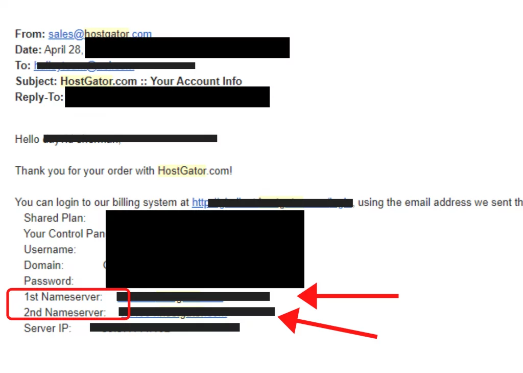 hostgator email for nameservers info